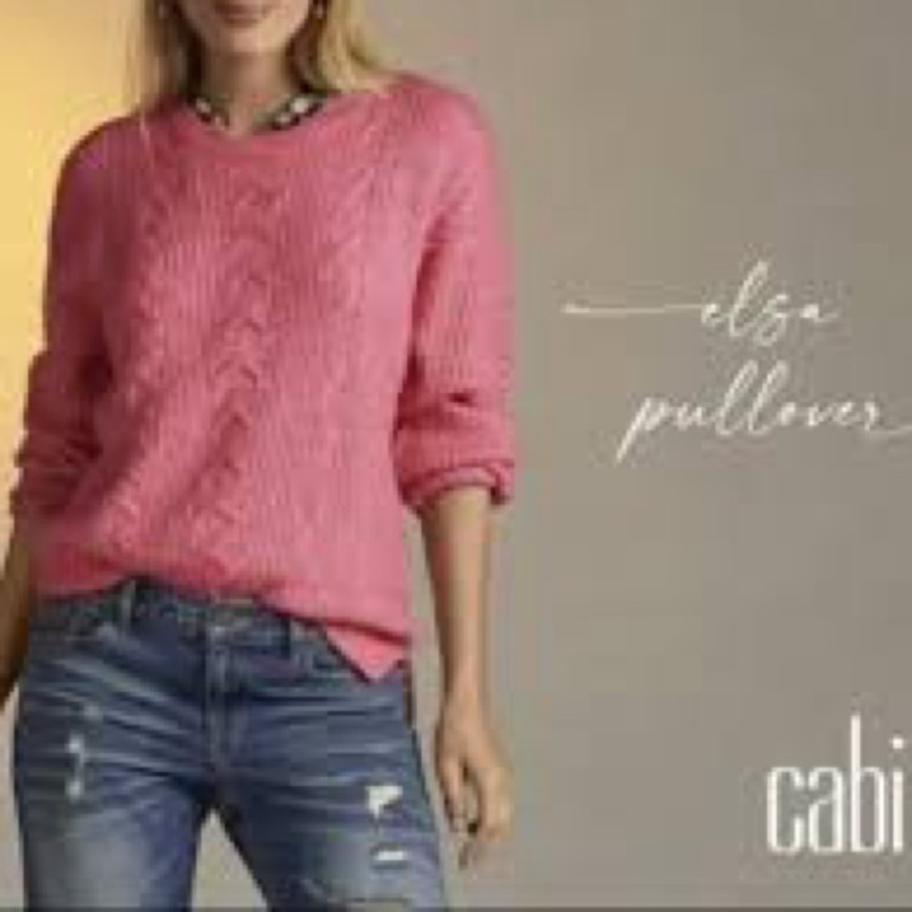 Cabi Elsa Cable Knit Crewneck Pullover Sweater in Pink - Size Medium - Picture 2 of 8